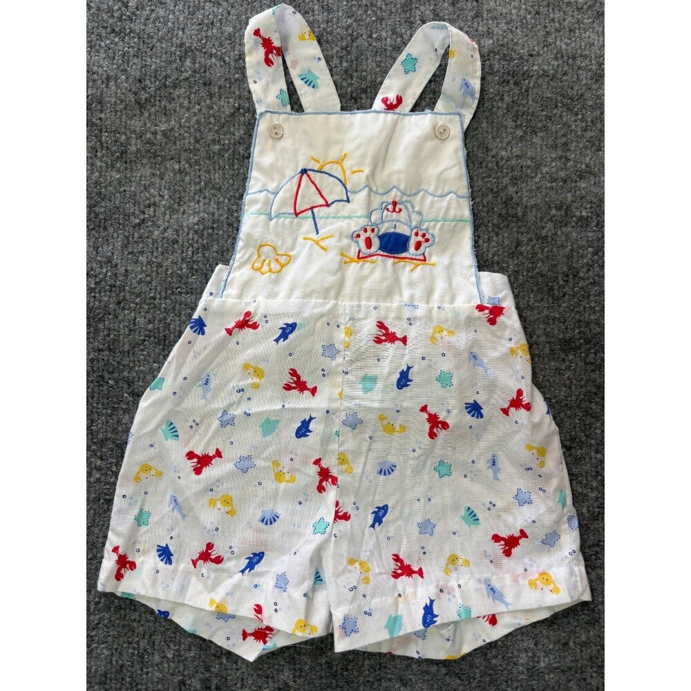 Vintage Beach Overalls Baby Boys 18 M Month Embordered Ocean Sea Animals 90s